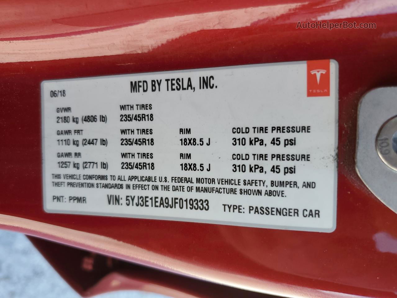 2018 Tesla Model 3  Maroon vin: 5YJ3E1EA9JF019333