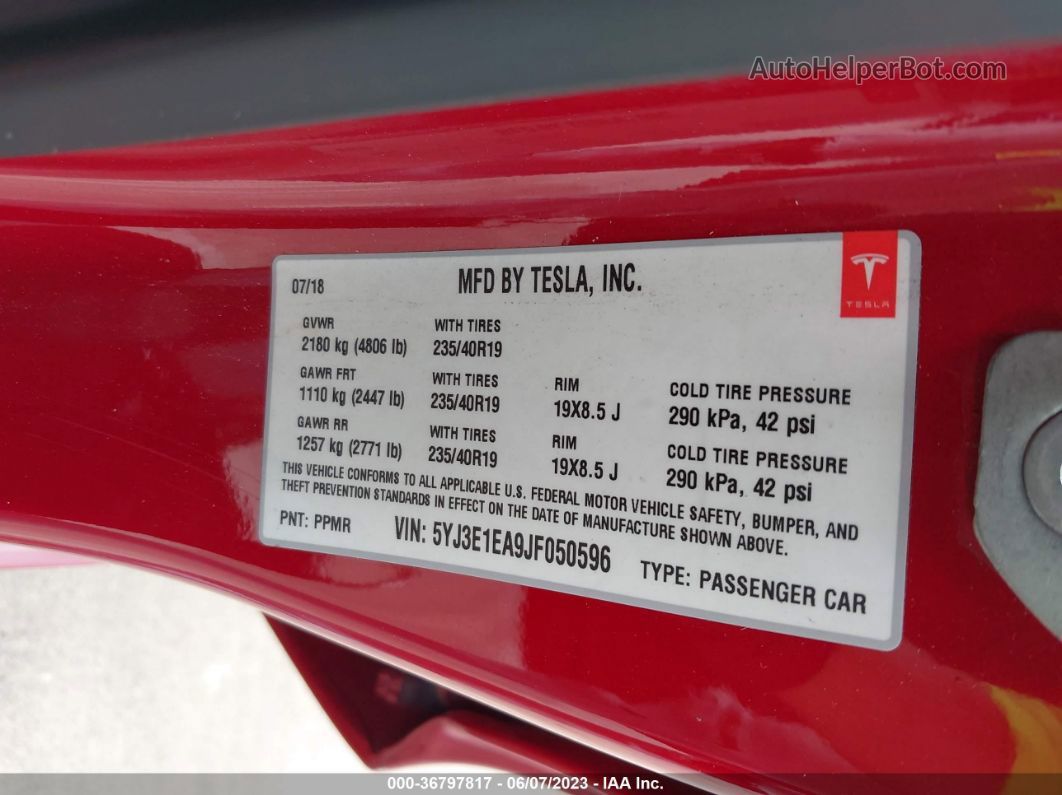 2018 Tesla Model 3 Range Battery Red vin: 5YJ3E1EA9JF050596