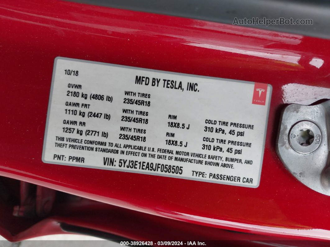2018 Tesla Model 3 Long Range/mid Range Красный vin: 5YJ3E1EA9JF058505
