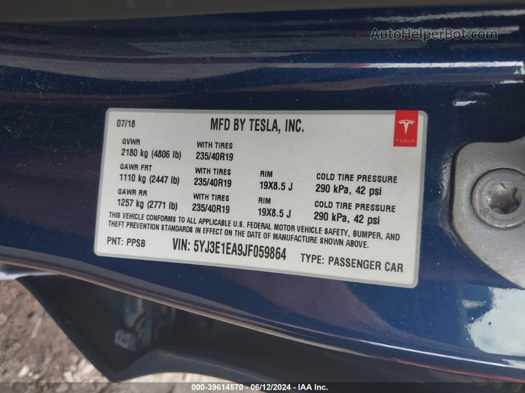 2018 Tesla Model 3 Long Range/mid Range Blue vin: 5YJ3E1EA9JF059864