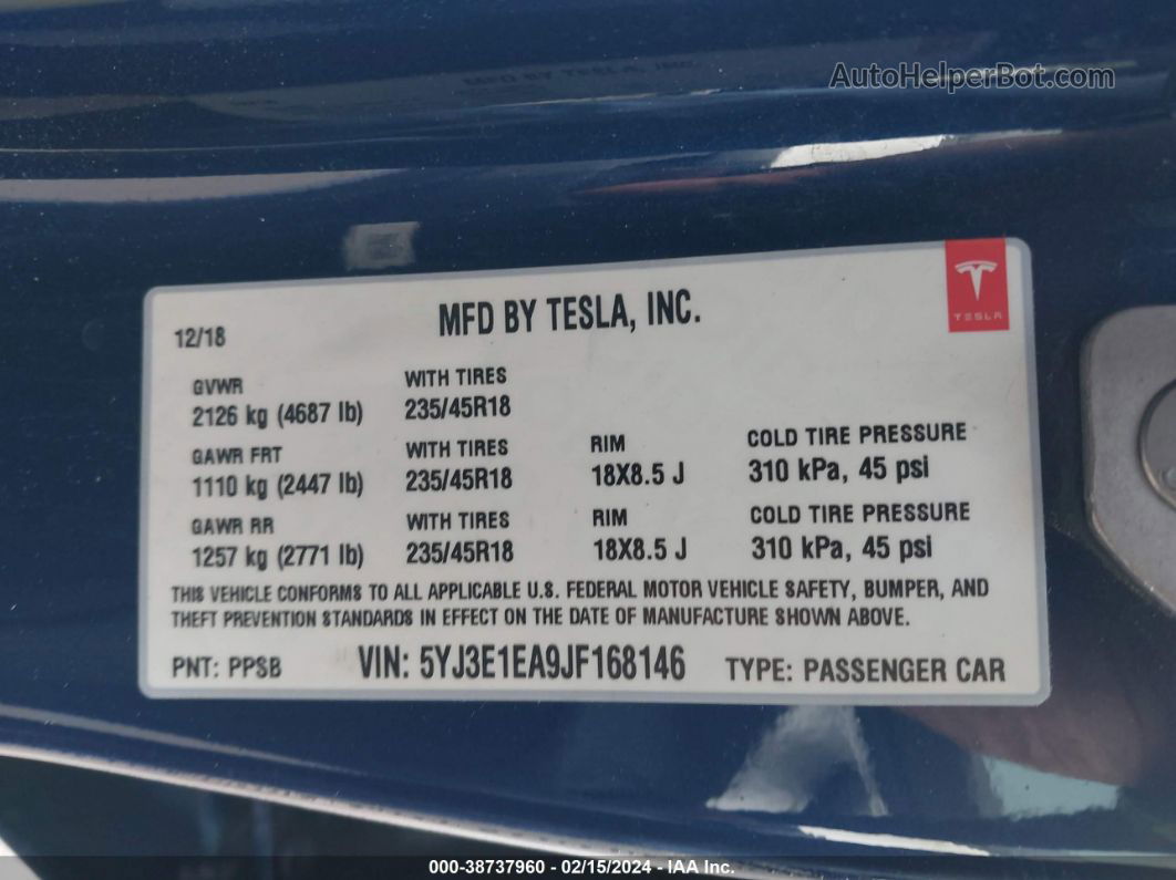 2018 Tesla Model 3   Blue vin: 5YJ3E1EA9JF168146