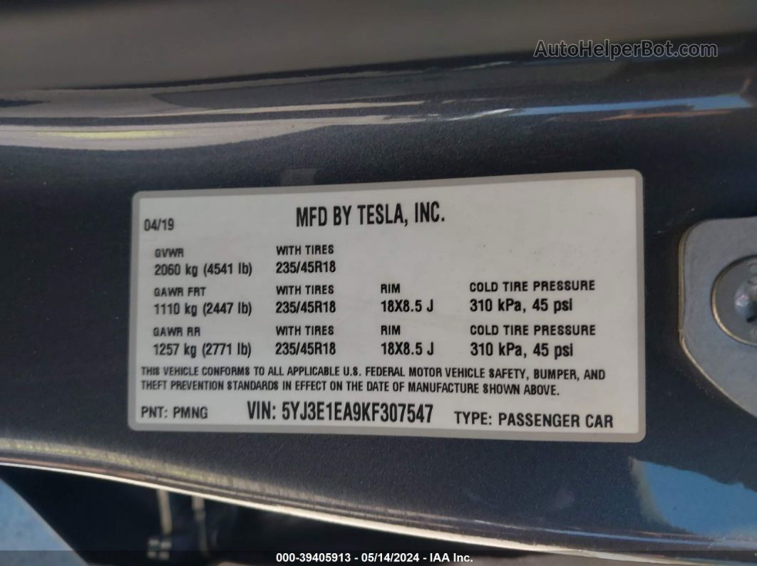 2019 Tesla Model 3 Long Range/mid Range/standard Range/standard Range Plus Gray vin: 5YJ3E1EA9KF307547