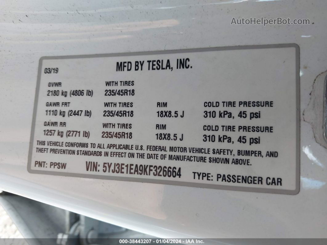 2019 Tesla Model 3 Long Range/mid Range/standard Range/standard Range Plus White vin: 5YJ3E1EA9KF326664