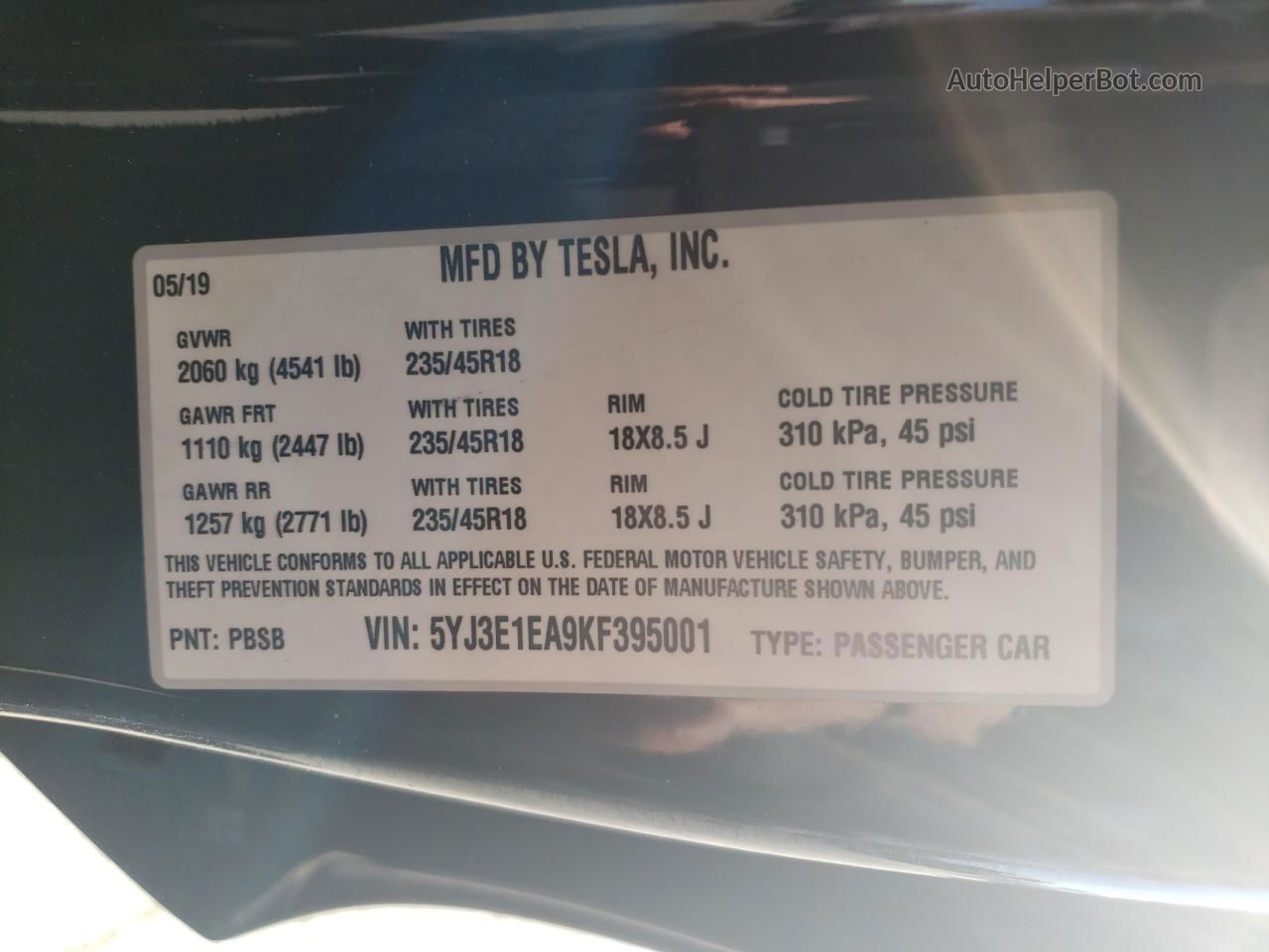 2019 Tesla Model 3  Black vin: 5YJ3E1EA9KF395001