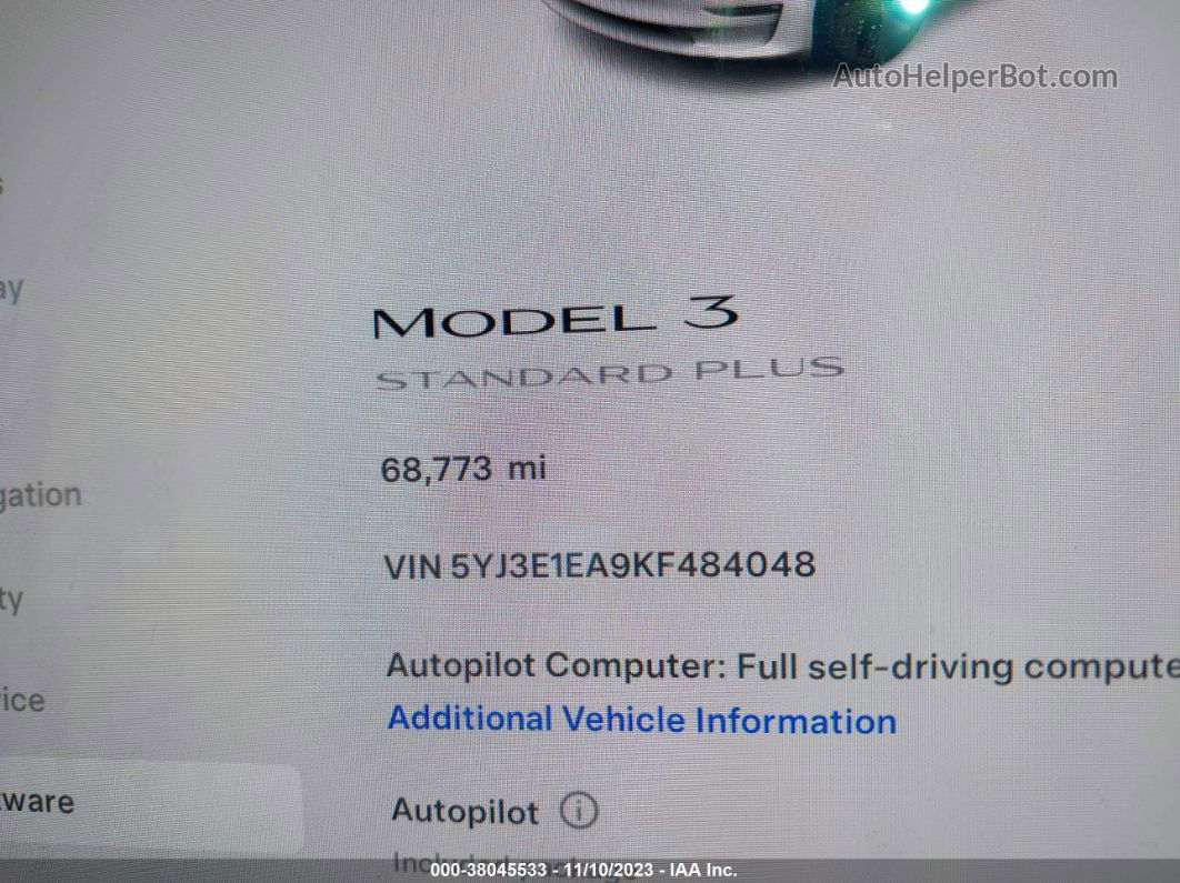 2019 Tesla Model 3 Mid Range/standard Range/standard Range Plus/long Range White vin: 5YJ3E1EA9KF484048