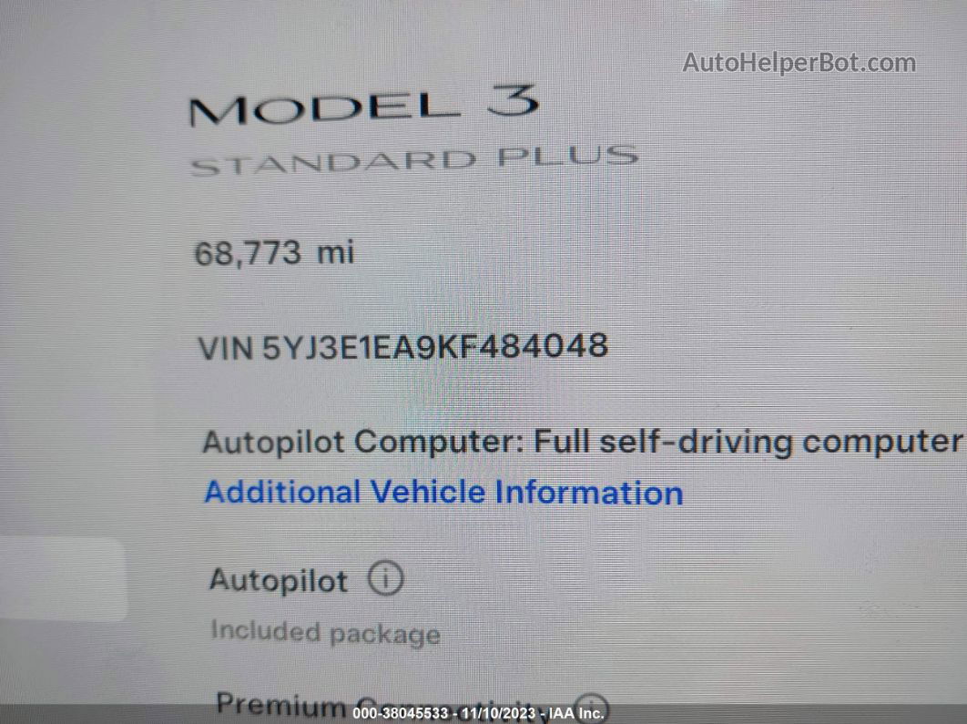 2019 Tesla Model 3 Mid Range/standard Range/standard Range Plus/long Range White vin: 5YJ3E1EA9KF484048