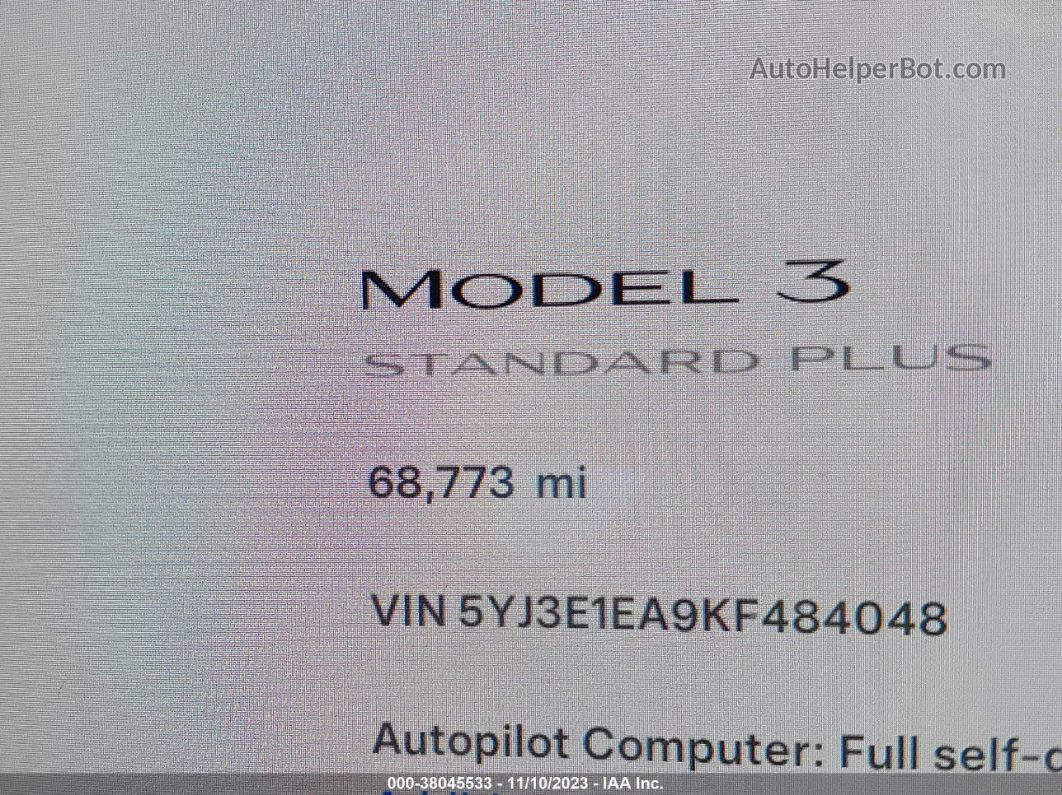 2019 Tesla Model 3 Mid Range/standard Range/standard Range Plus/long Range Белый vin: 5YJ3E1EA9KF484048