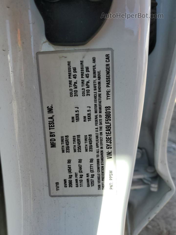 2020 Tesla Model 3  White vin: 5YJ3E1EA9LF598018