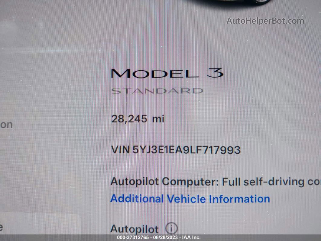 2020 Tesla Model 3 Standard Range White vin: 5YJ3E1EA9LF717993