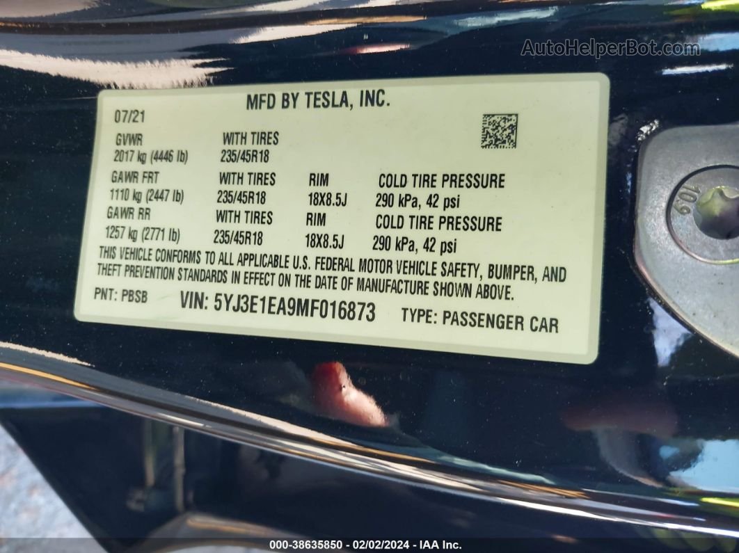 2021 Tesla Model 3 Standard Range Plus Rear-wheel Drive Black vin: 5YJ3E1EA9MF016873