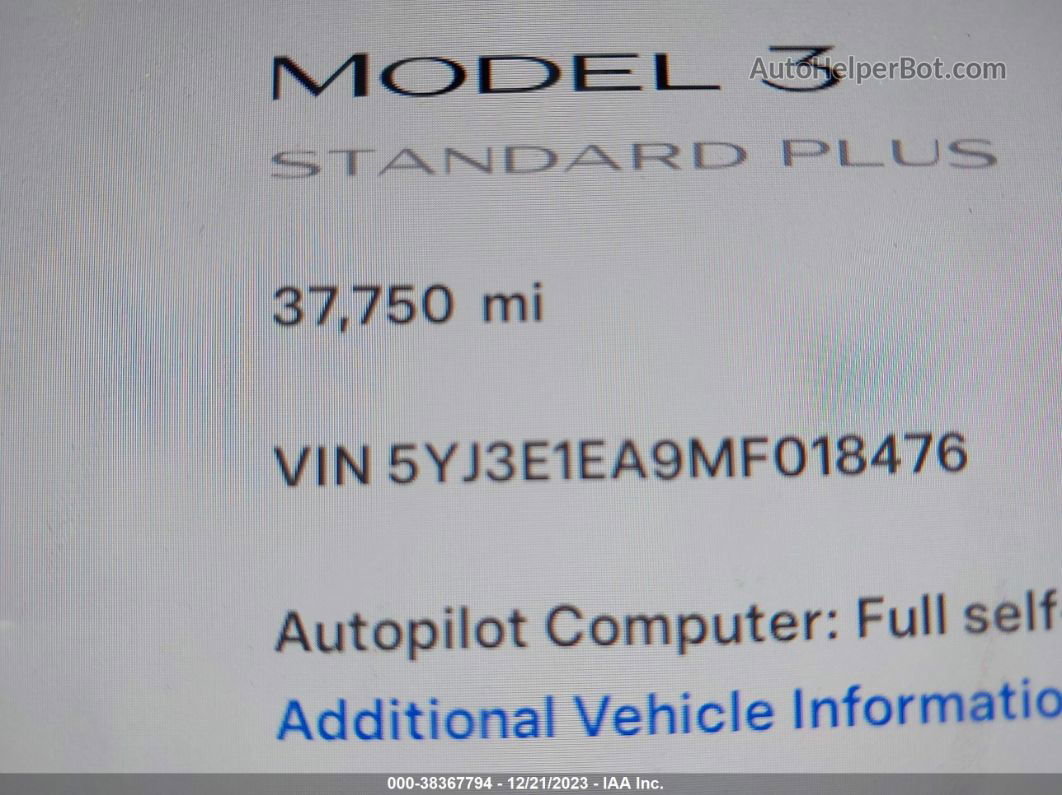 2021 Tesla Model 3 Standard Range Plus Rear-wheel Drive White vin: 5YJ3E1EA9MF018476