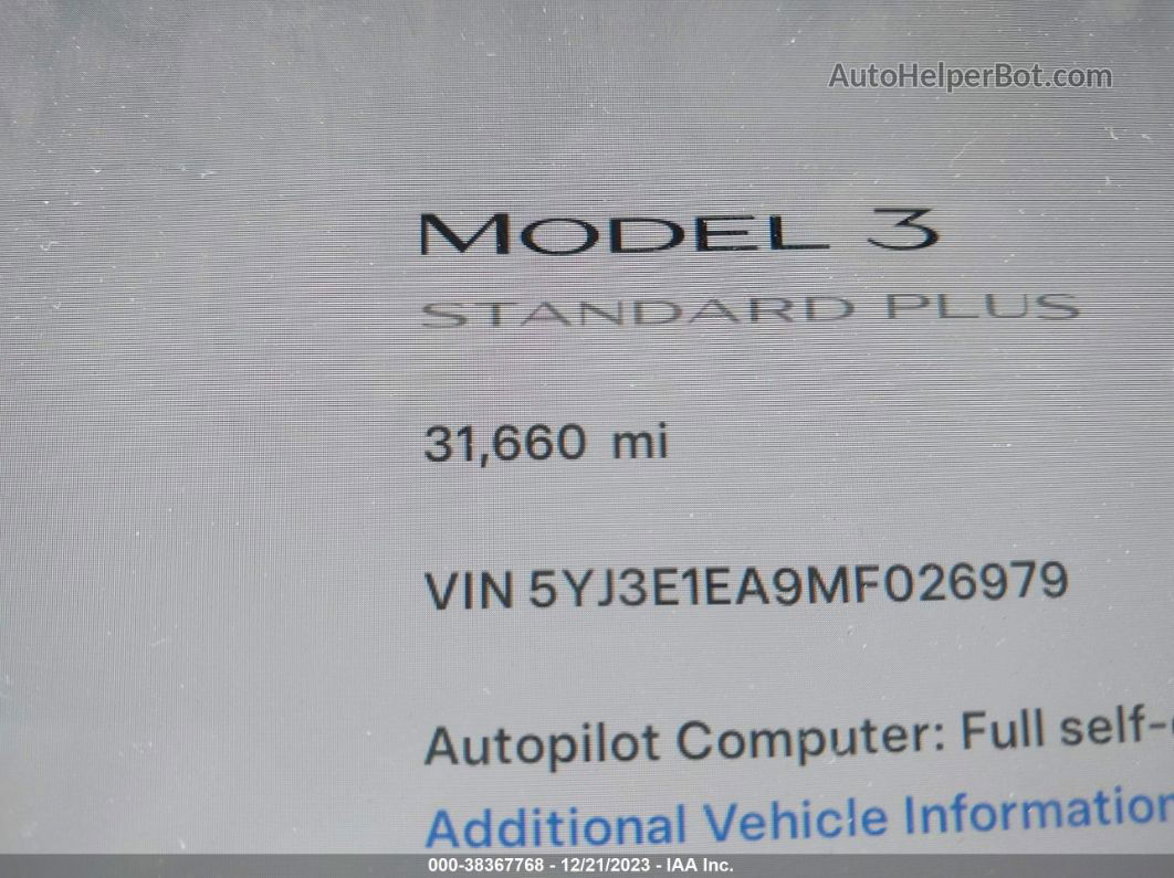 2021 Tesla Model 3 Standard Range Plus Rear-wheel Drive White vin: 5YJ3E1EA9MF026979