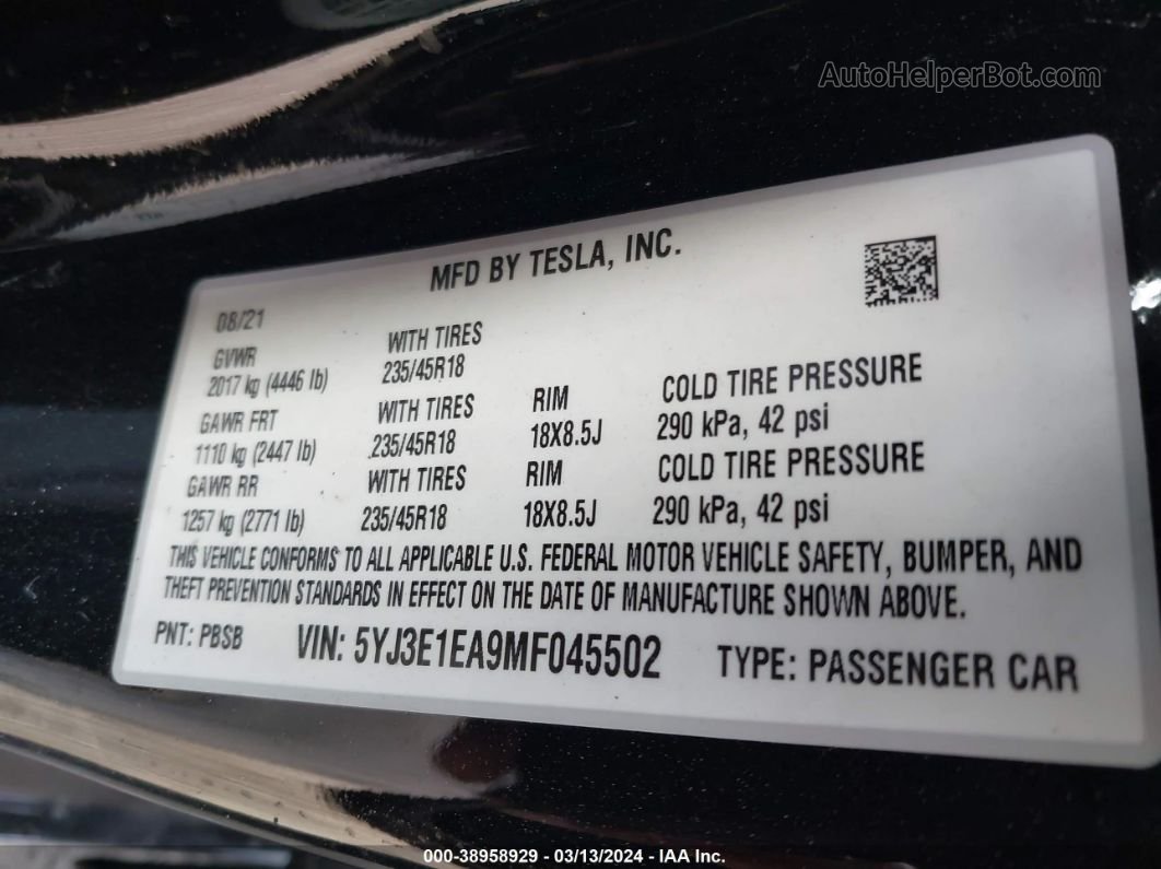 2021 Tesla Model 3 Standard Range Plus Rear-wheel Drive Черный vin: 5YJ3E1EA9MF045502