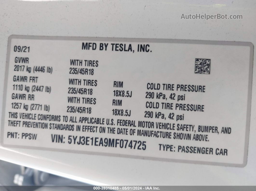 2021 Tesla Model 3 Standard Range Plus Rear-wheel Drive White vin: 5YJ3E1EA9MF074725