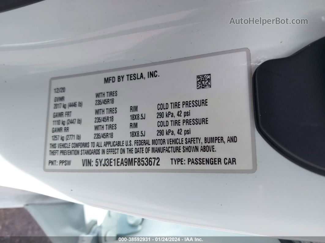 2021 Tesla Model 3 Standard Range Plus Rear-wheel Drive White vin: 5YJ3E1EA9MF853672