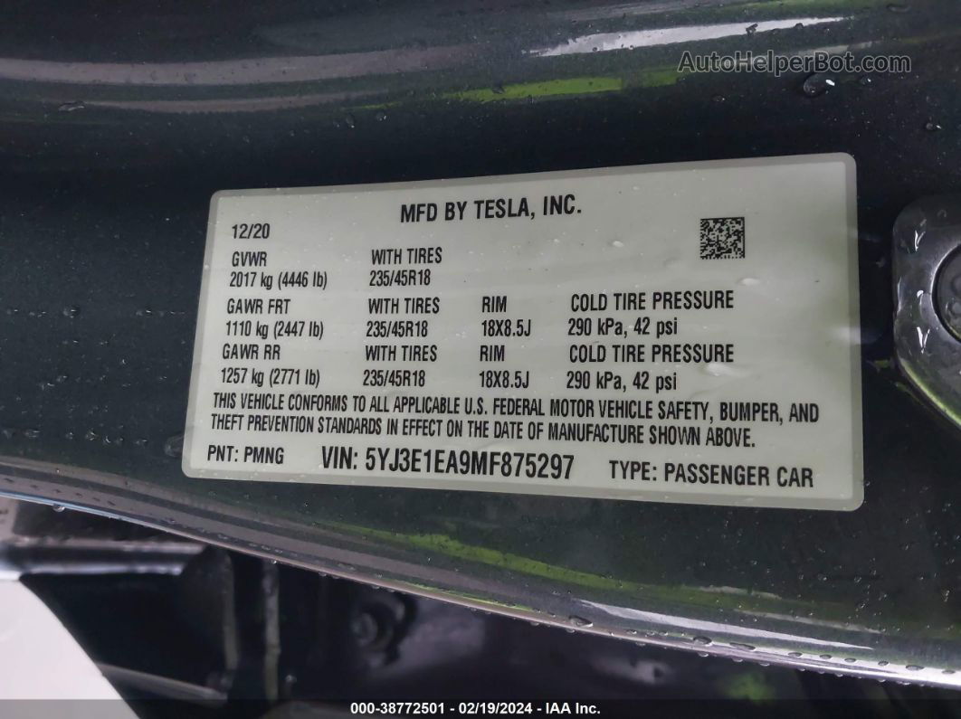 2021 Tesla Model 3 Standard Range Plus Rear-wheel Drive Gray vin: 5YJ3E1EA9MF875297