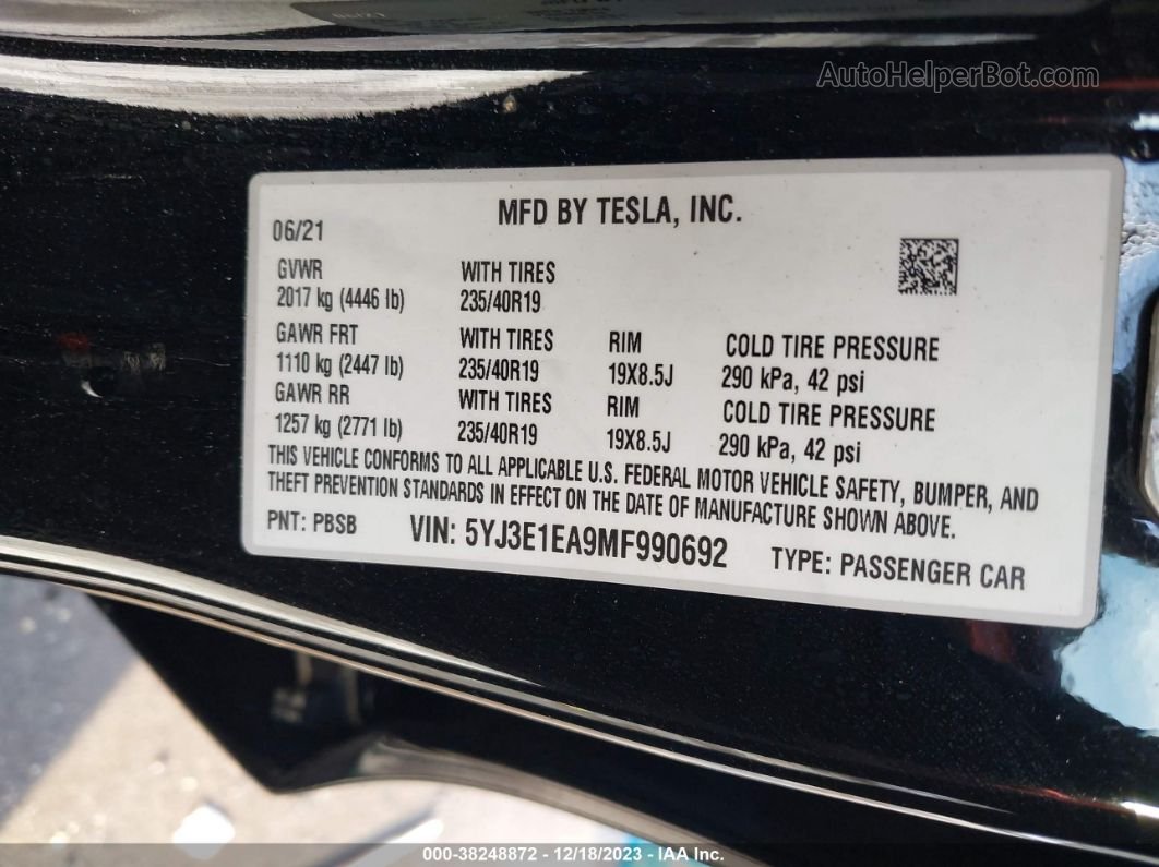 2021 Tesla Model 3 Standard Range Plus Rear-wheel Drive Black vin: 5YJ3E1EA9MF990692