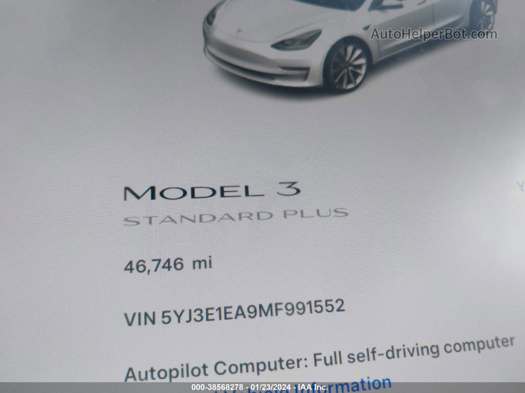 2021 Tesla Model 3 Standard Range Plus Rear-wheel Drive White vin: 5YJ3E1EA9MF991552