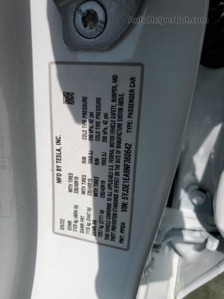 2022 Tesla Model 3  White vin: 5YJ3E1EA9NF360642