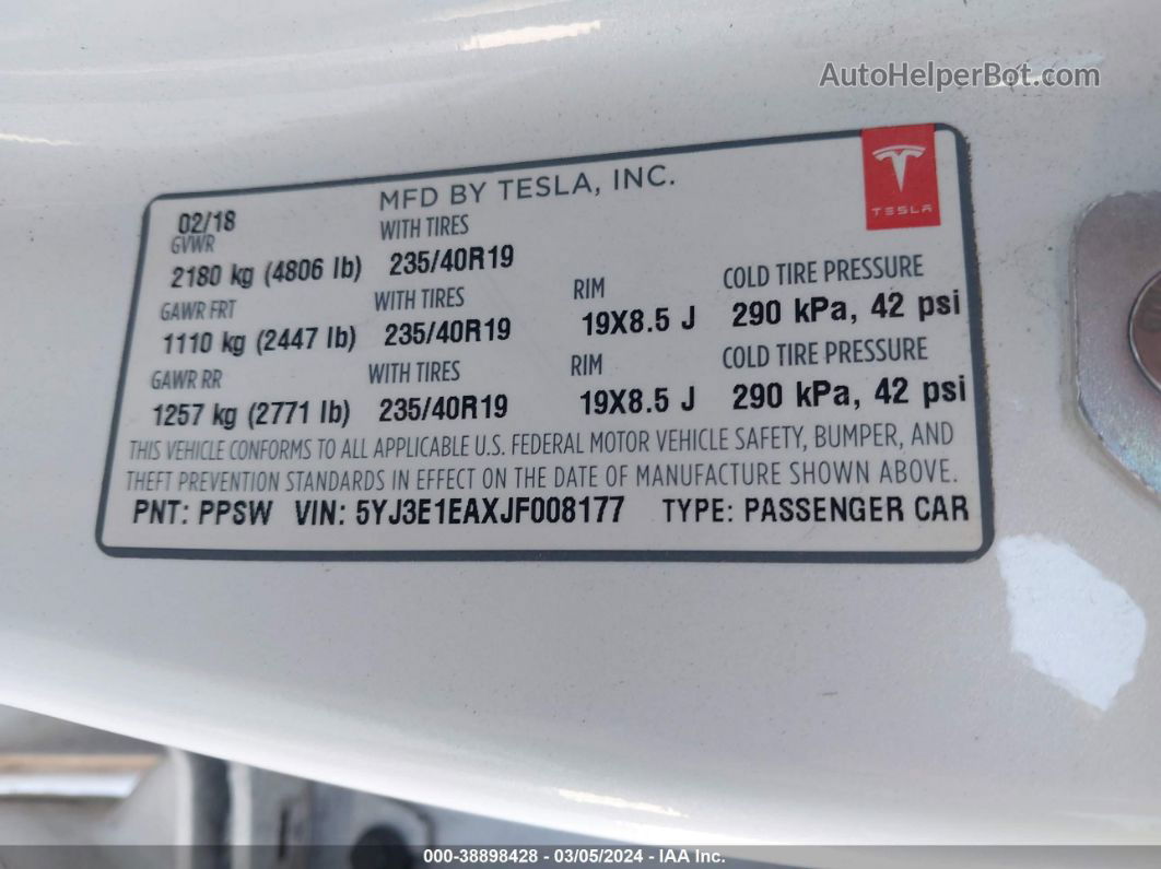 2018 Tesla Model 3 Long Range/mid Range White vin: 5YJ3E1EAXJF008177