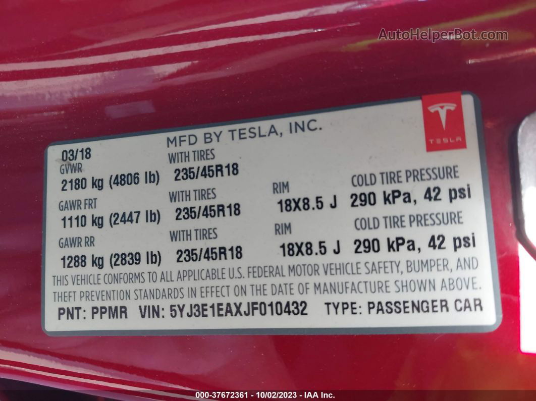 2018 Tesla Model 3 Range Battery Red vin: 5YJ3E1EAXJF010432