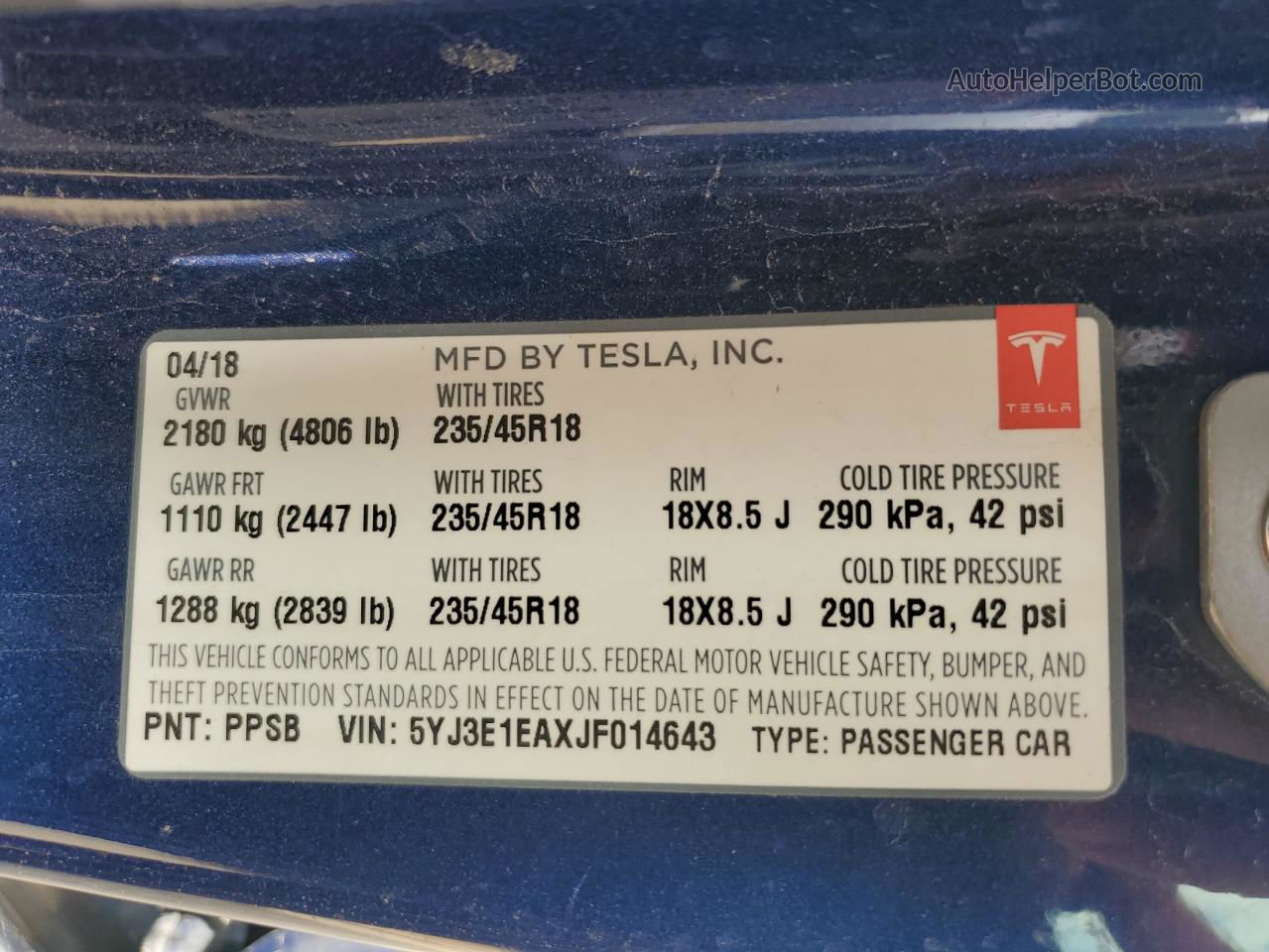 2018 Tesla Model 3  Синий vin: 5YJ3E1EAXJF014643