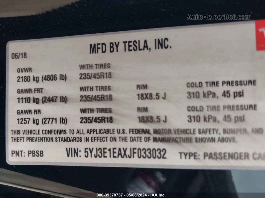 2018 Tesla Model 3   Черный vin: 5YJ3E1EAXJF033032