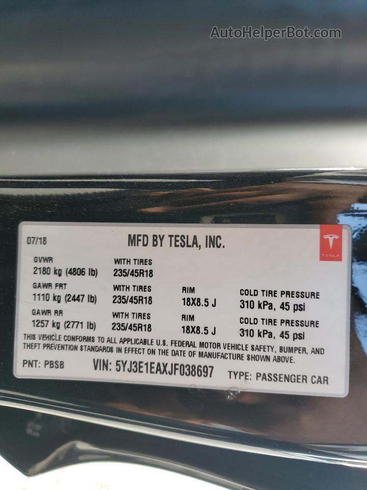 2018 Tesla Model 3  Black vin: 5YJ3E1EAXJF038697