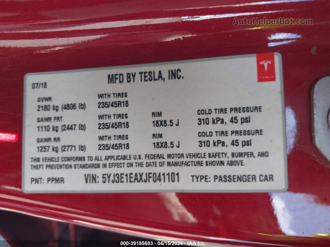 2018 Tesla Model 3 Long Range/mid Range Red vin: 5YJ3E1EAXJF041101