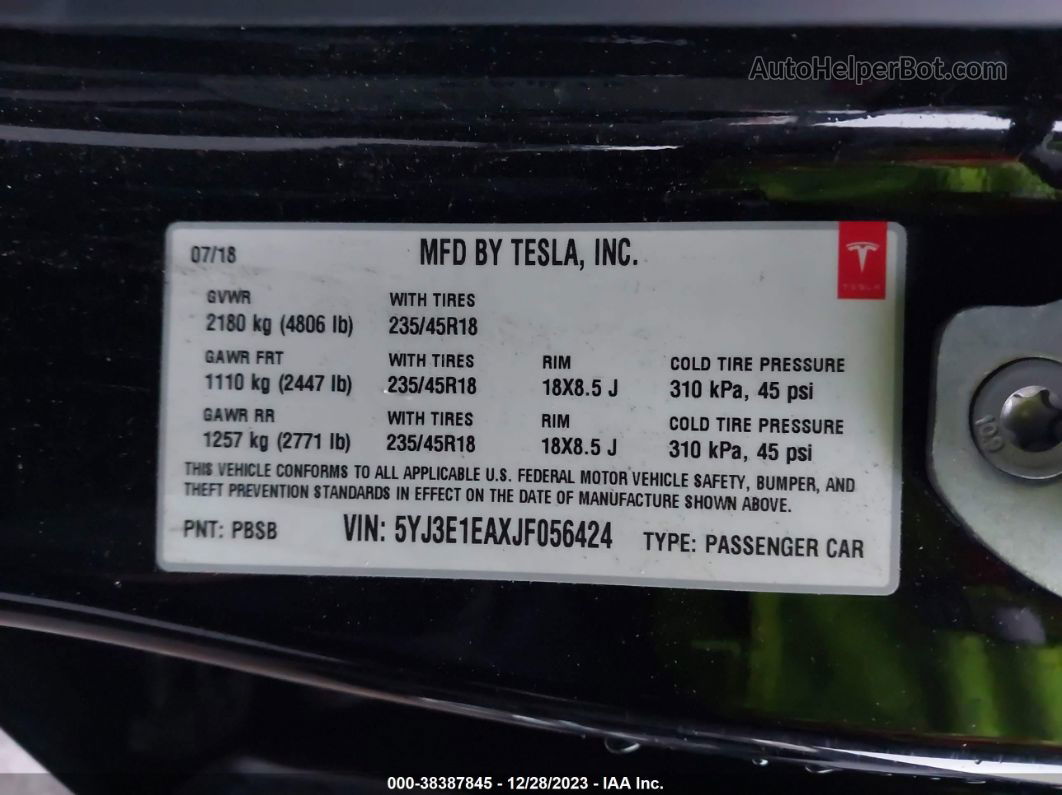 2018 Tesla Model 3 Long Range/mid Range Черный vin: 5YJ3E1EAXJF056424