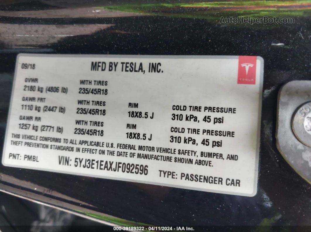 2018 Tesla Model 3 Long Range/mid Range Black vin: 5YJ3E1EAXJF092596