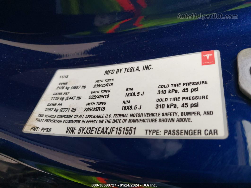 2018 Tesla Model 3   Blue vin: 5YJ3E1EAXJF151551