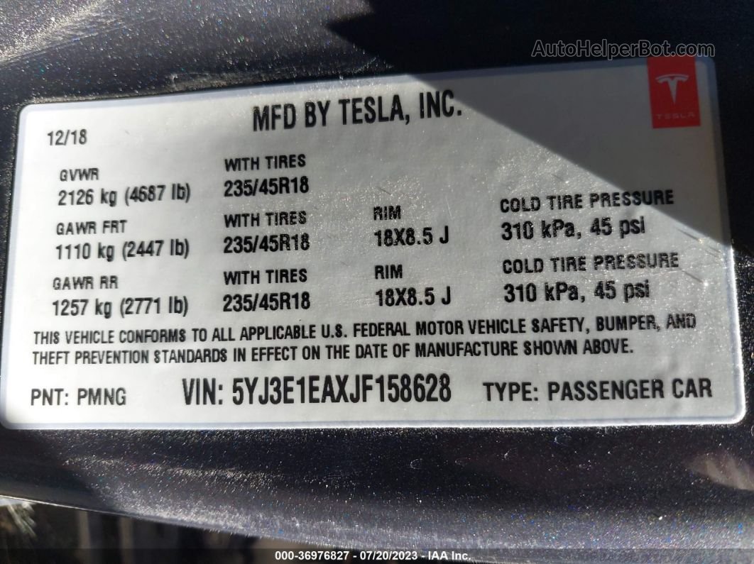 2018 Tesla Model 3 Range Battery Серый vin: 5YJ3E1EAXJF158628