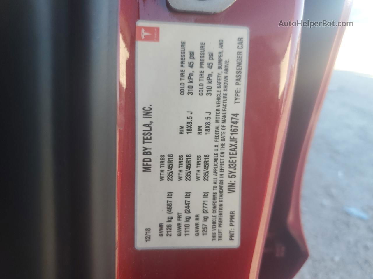 2018 Tesla Model 3  Red vin: 5YJ3E1EAXJF167474