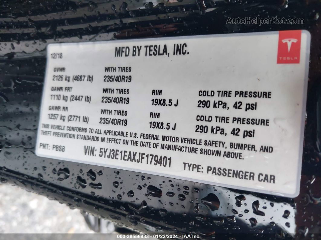 2018 Tesla Model 3 Long Range/mid Range Black vin: 5YJ3E1EAXJF179401