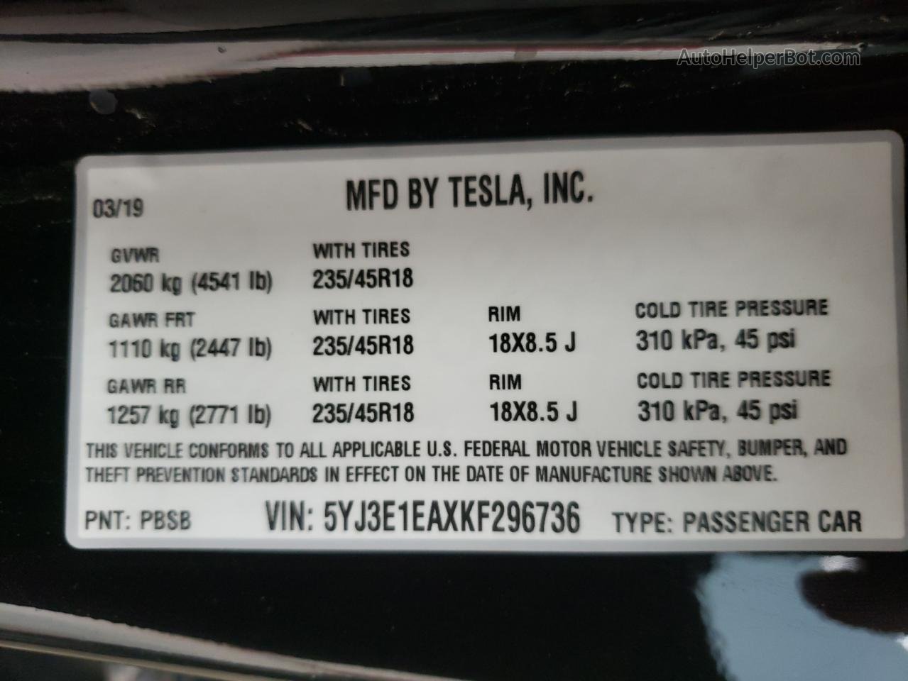2019 Tesla Model 3  Black vin: 5YJ3E1EAXKF296736