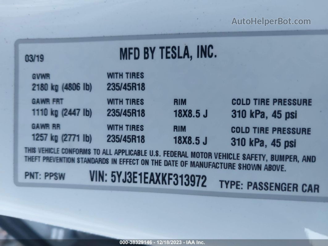 2019 Tesla Model 3 Long Range/mid Range/standard Range/standard Range Plus Белый vin: 5YJ3E1EAXKF313972