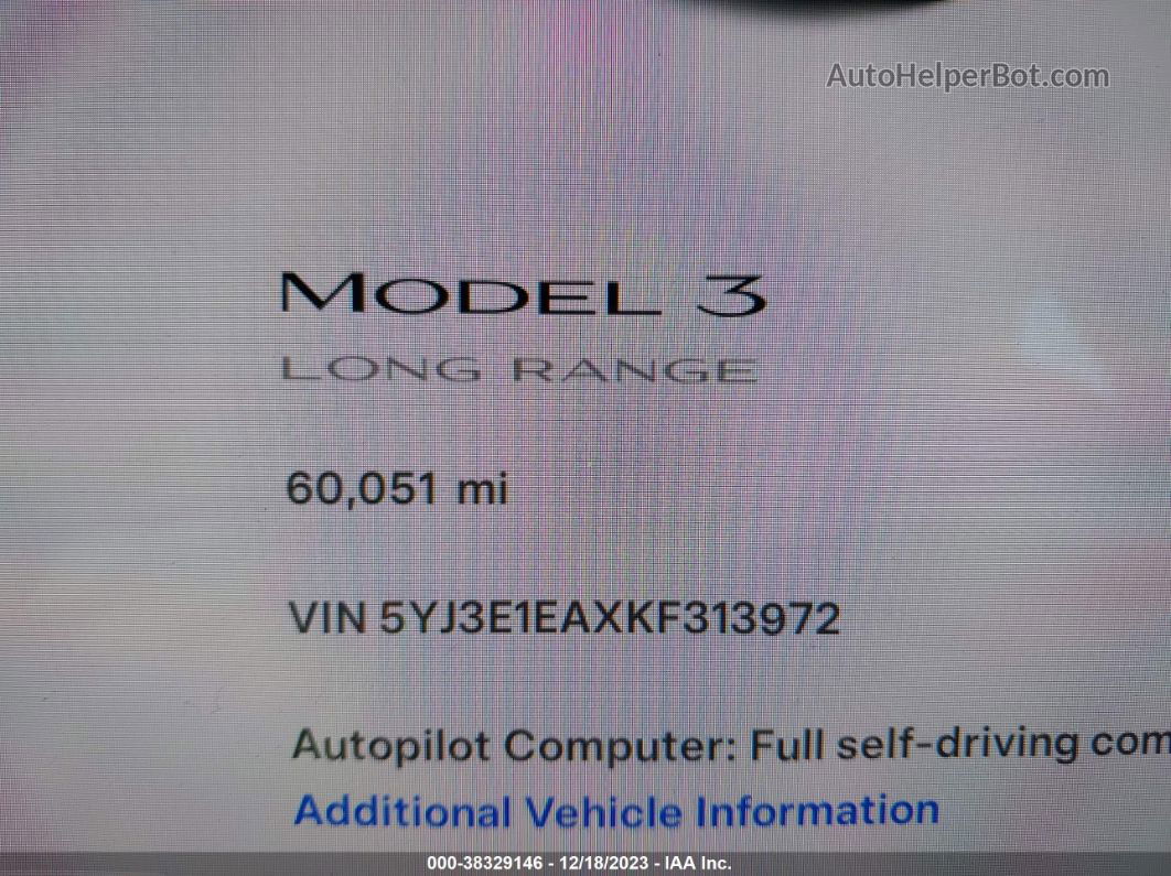 2019 Tesla Model 3 Long Range/mid Range/standard Range/standard Range Plus White vin: 5YJ3E1EAXKF313972