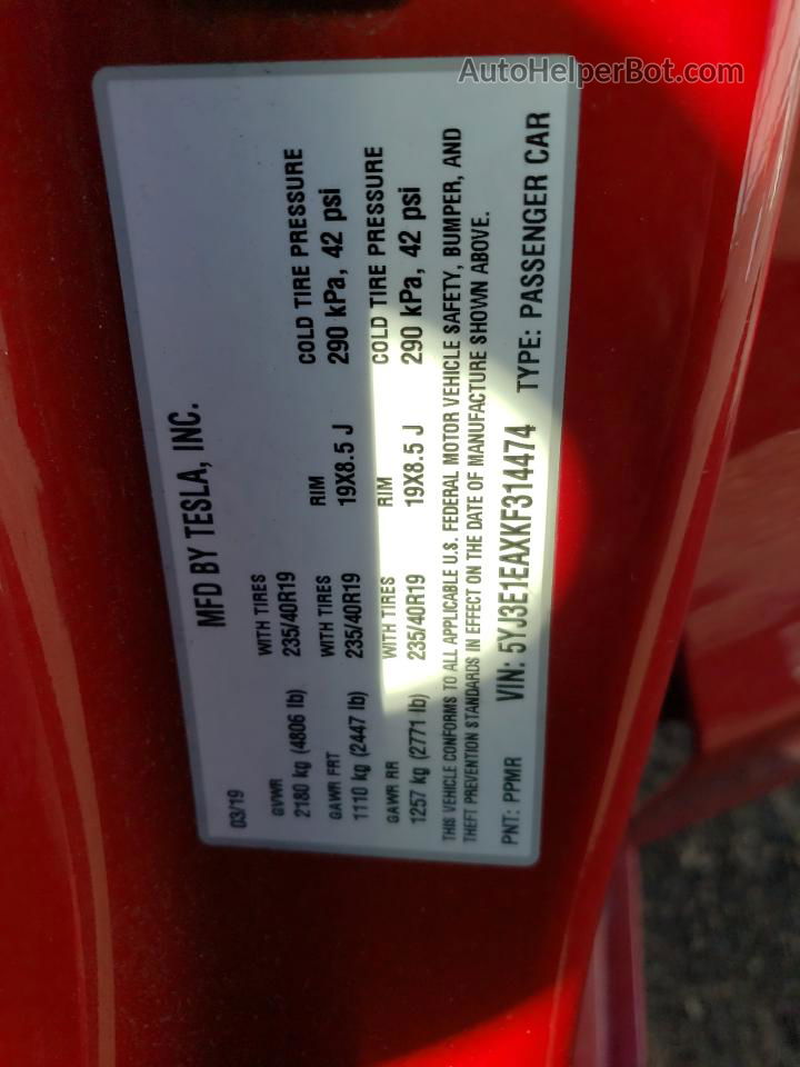 2019 Tesla Model 3  Red vin: 5YJ3E1EAXKF314474