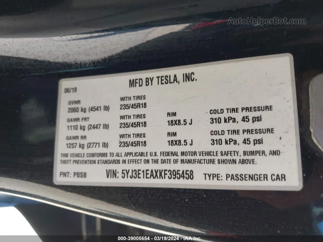 2019 Tesla Model 3 Long Range/mid Range/standard Range/standard Range Plus Черный vin: 5YJ3E1EAXKF395458