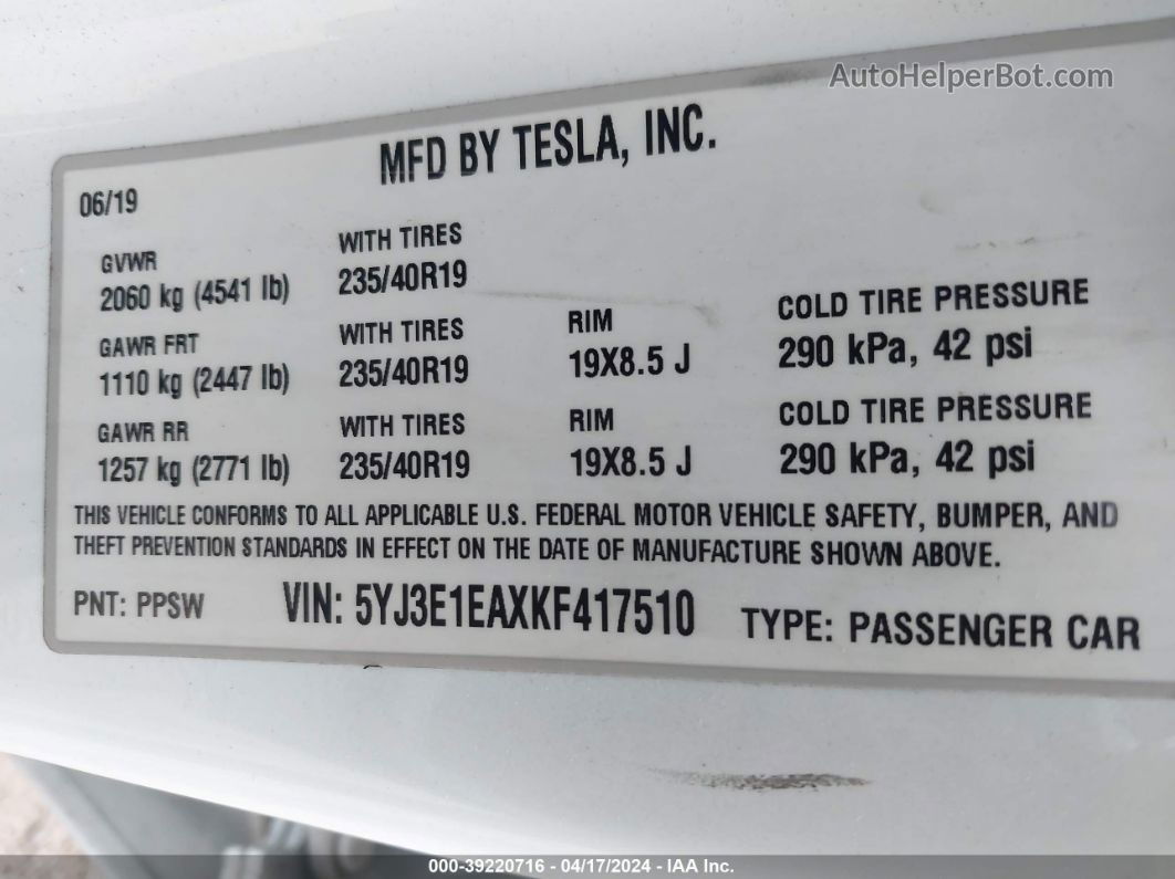 2019 Tesla Model 3 Long Range/mid Range/standard Range/standard Range Plus White vin: 5YJ3E1EAXKF417510