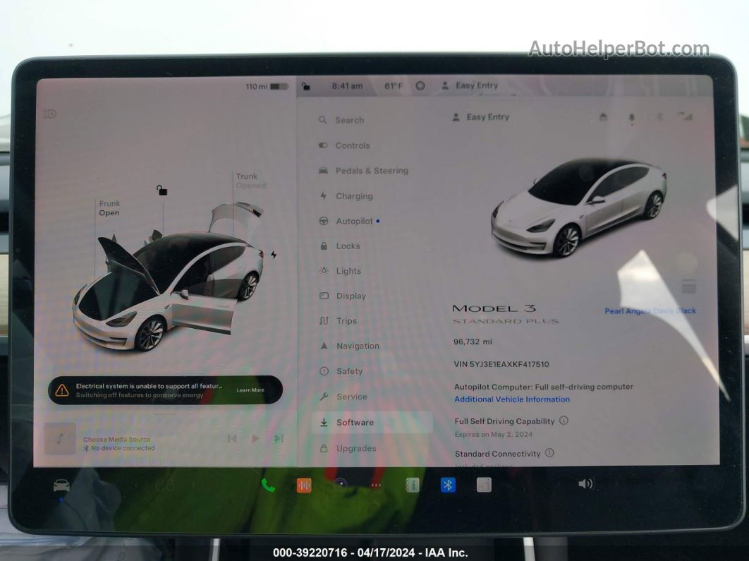 2019 Tesla Model 3 Long Range/mid Range/standard Range/standard Range Plus White vin: 5YJ3E1EAXKF417510