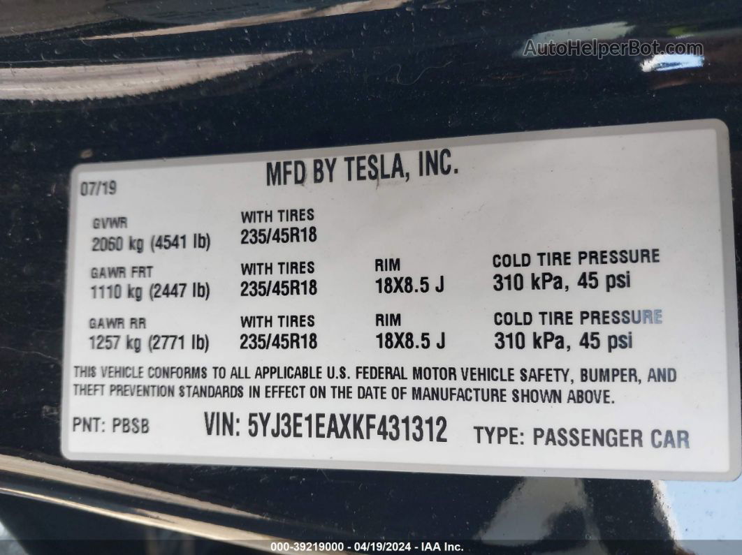 2019 Tesla Model 3 Long Range/mid Range/standard Range/standard Range Plus Черный vin: 5YJ3E1EAXKF431312