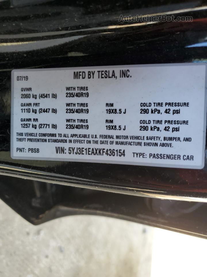 2019 Tesla Model 3  Черный vin: 5YJ3E1EAXKF436154