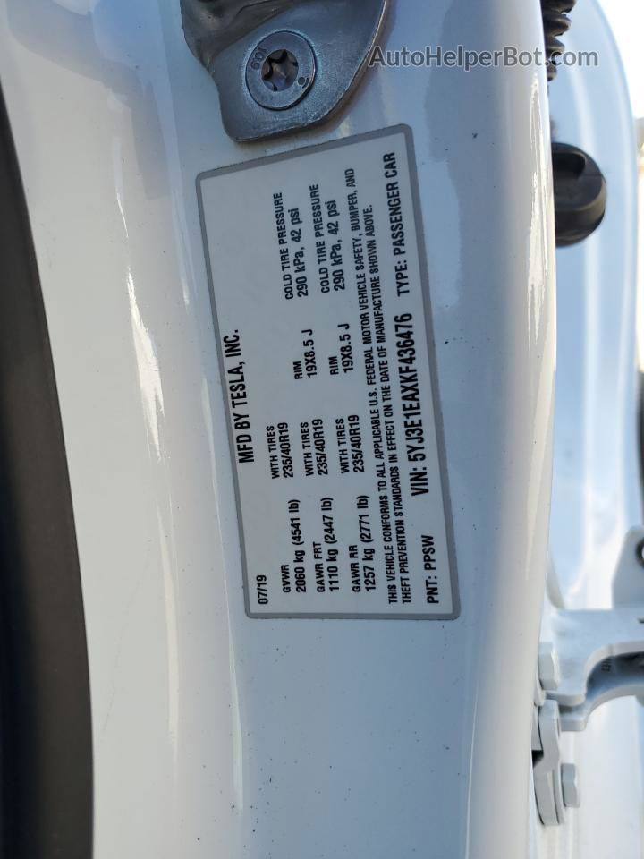 2019 Tesla Model 3  White vin: 5YJ3E1EAXKF436476