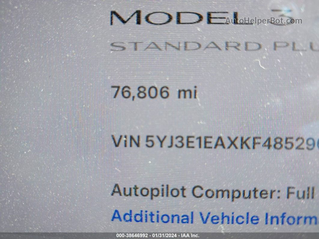 2019 Tesla Model 3 Long Range/mid Range/standard Range/standard Range Plus White vin: 5YJ3E1EAXKF485290