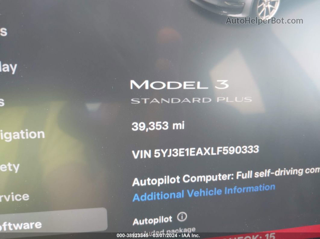 2020 Tesla Model 3 Standard Range Plus Rear-wheel Drive/standard Range Rear-wheel Drive Gray vin: 5YJ3E1EAXLF590333