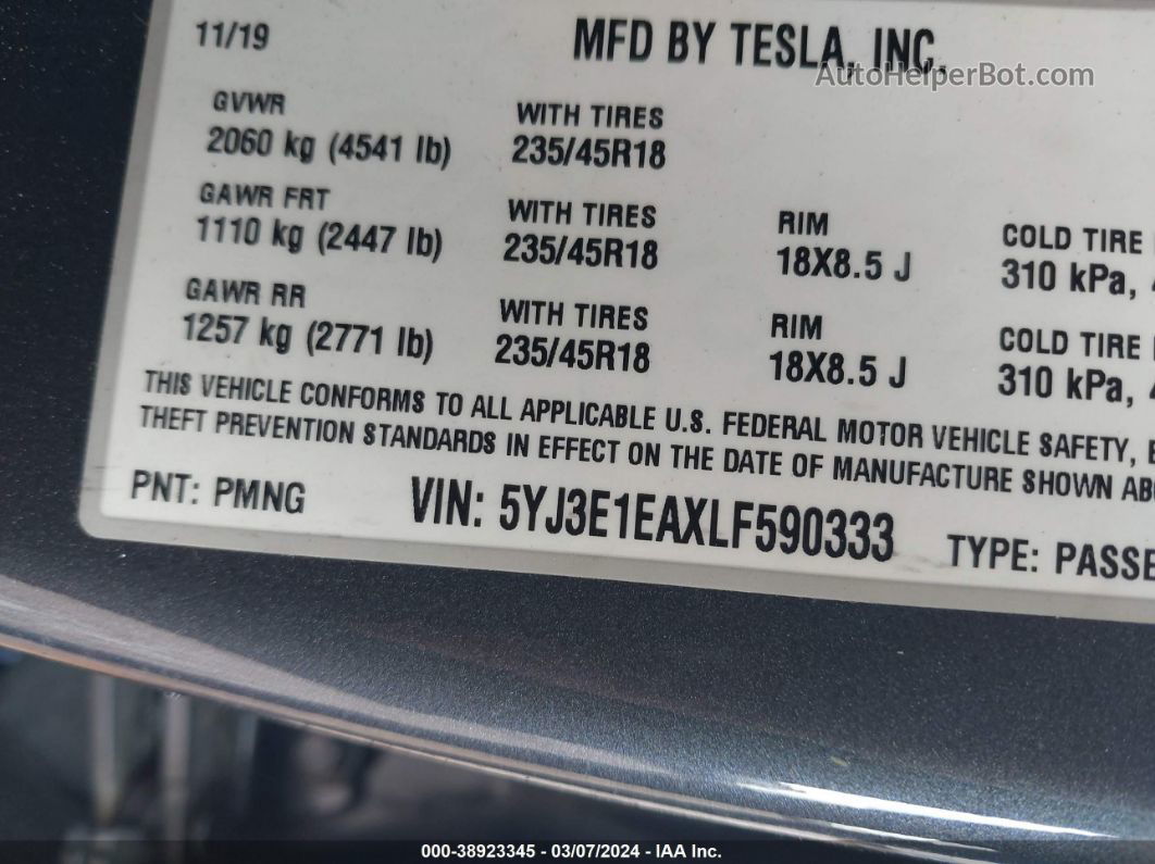 2020 Tesla Model 3 Standard Range Plus Rear-wheel Drive/standard Range Rear-wheel Drive Серый vin: 5YJ3E1EAXLF590333