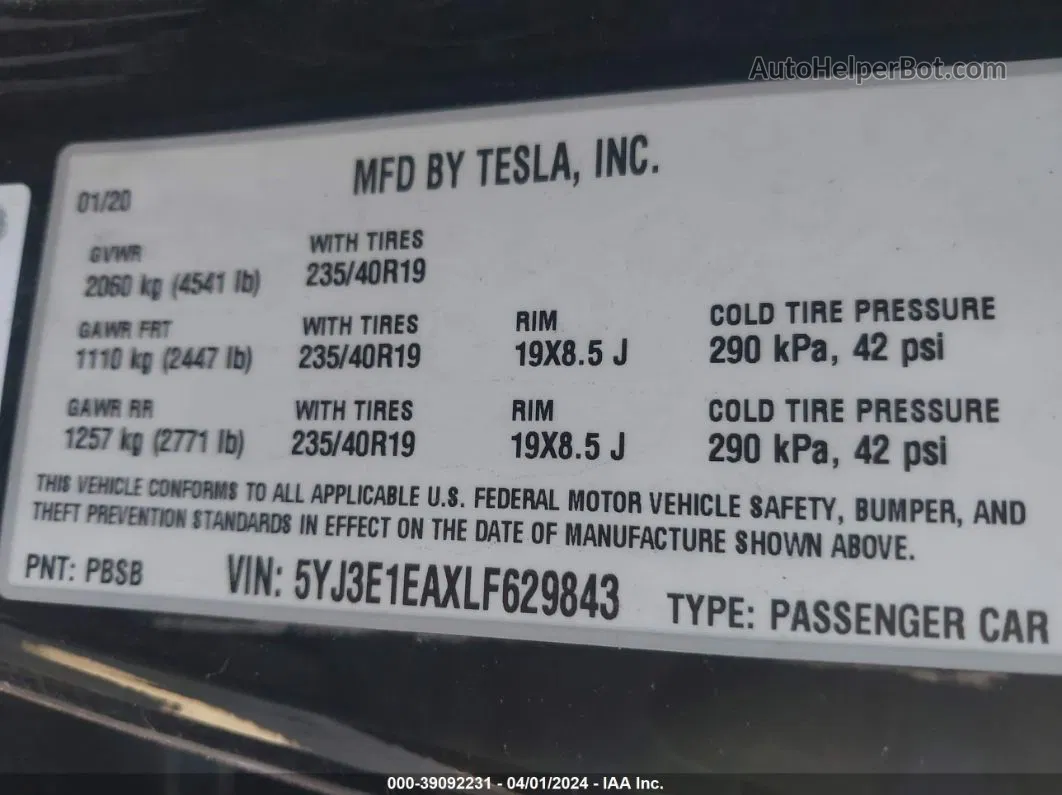 2020 Tesla Model 3 Standard Range Plus Rear-wheel Drive/standard Range Rear-wheel Drive Black vin: 5YJ3E1EAXLF629843