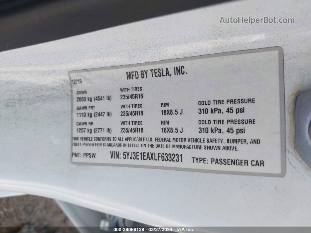 2020 Tesla Model 3 Standard Range Plus Rear-wheel Drive/standard Range Rear-wheel Drive Белый vin: 5YJ3E1EAXLF633231